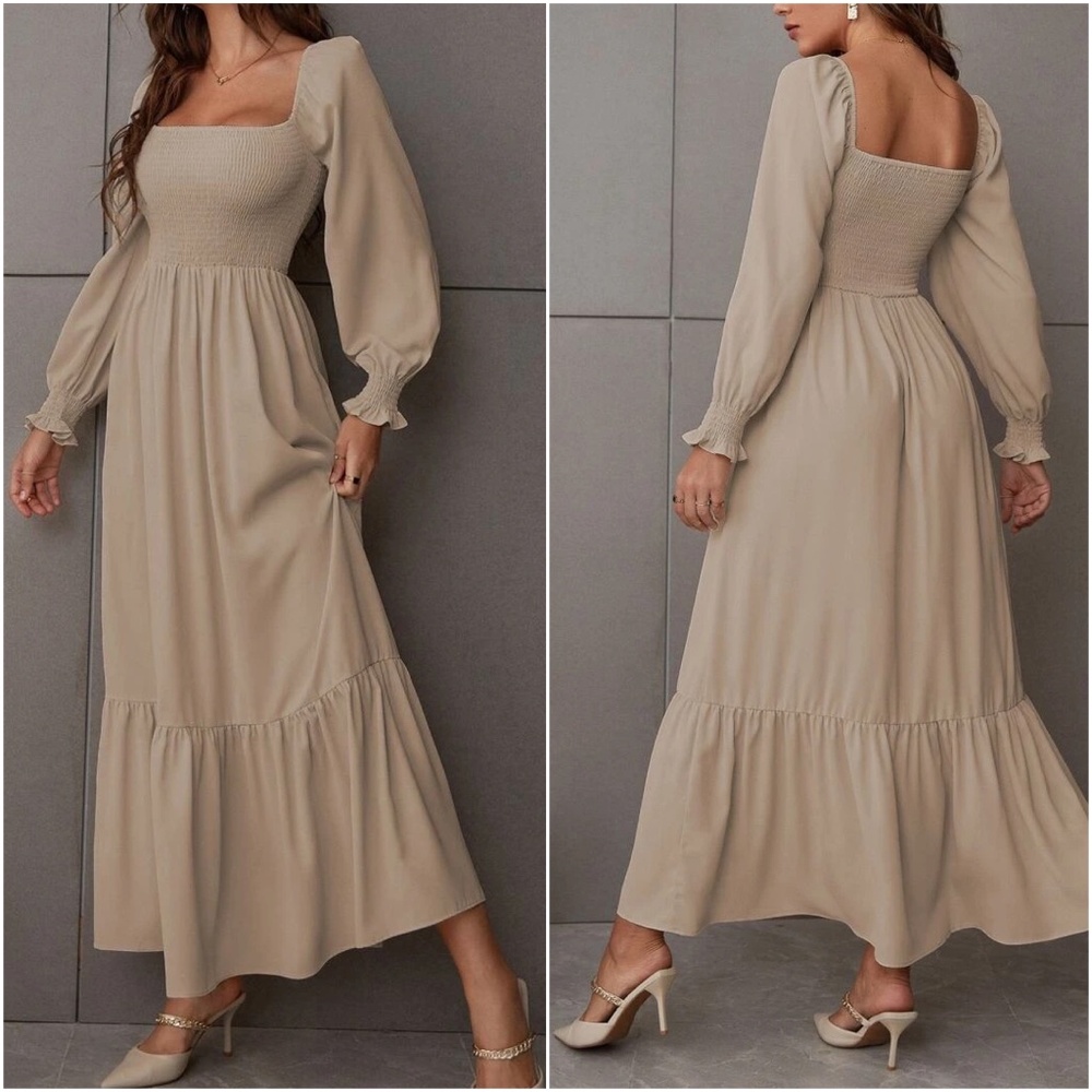 Boho Puff Sleeve Minimalist Ruffle Maxi Dress - Picture 2 of 11